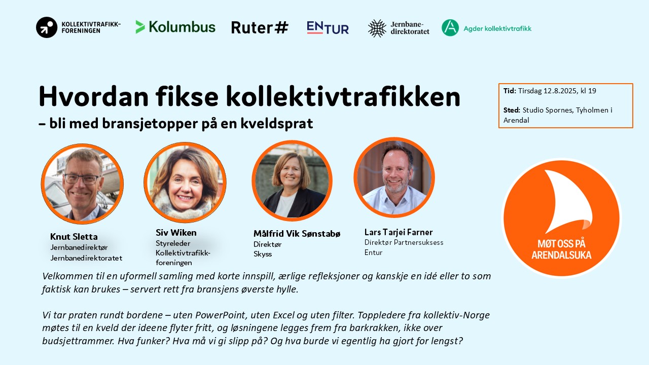 Arendalsuka: Hvordan fikse kollektivtrafikken – bli med bransjetopper på kveldsprat